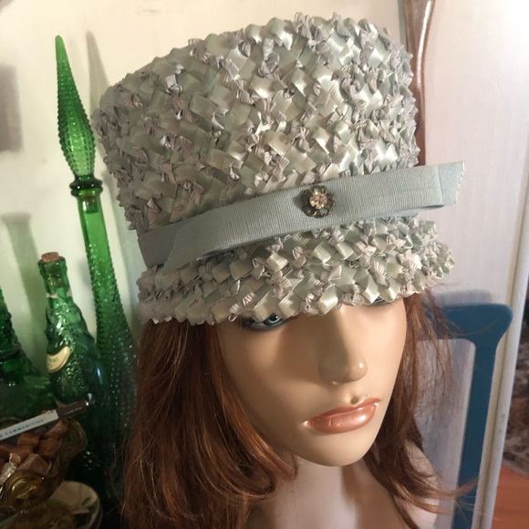Vintage Accessories - Vintage Baby Blue Raffia Straw Bucket Hat